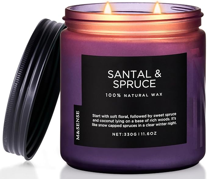M&SENSE Sweet Spruce Scented Candle, 11.6oz Natural Soy Wax Up to 70 Hours, 2 Cotton Wick Candle for Winter Holiday Woody Scent Housewarming Gifts for Family Friends Teachers