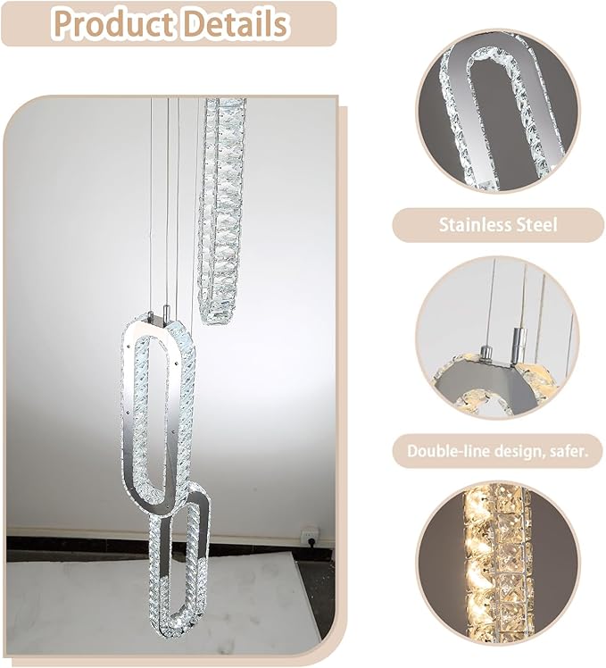 8 Rings Crystal Chandelier,H 118" Modern Silver Pendant Light Luxury Foyer Lighting Fixture High Ceiling Chandelier for Entryway,Staircase,Living Room,Villa LED Dimmable 2700K-6000K