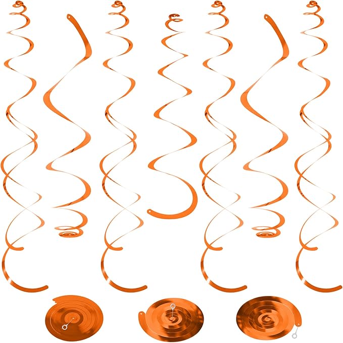 24 PCS Orange Hanging Swirl, Sparkle Ceiling Decorations, Plastic Streamer Party Decorations with Double-Swirls and Single-Swirls for Birthday Decorations, Graduation, Halloween, Baby Shower