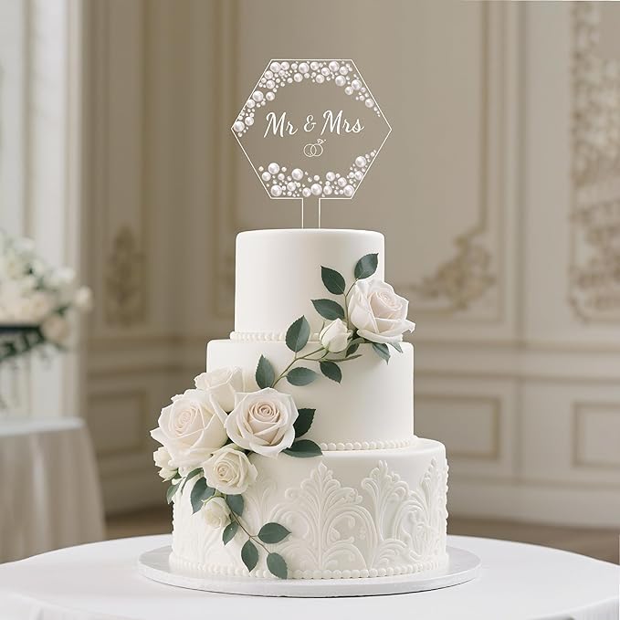 Coucoland Mr and Mrs Cake Topper - Hexagon Wedding Cake Decor with Rhinestones and Pearls for Engagement Bridal Anniversary