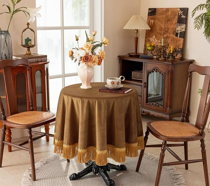 F-CHU Luxury Camel Tablecloth Thickset Velvet Tablecloth with Beautiful Gold Tassels Vintage Table Cloth for Home Decor Wedding, Party, Banquet and Events 60" Round