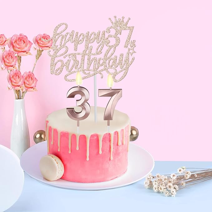 37th Birthday Decorations for Women Including Birthday Sash, Tiara/Crown, Numeral Candles and Cake Topper, 37 Year Old Gifts for Women, Rose Gold Party Decor Supplies