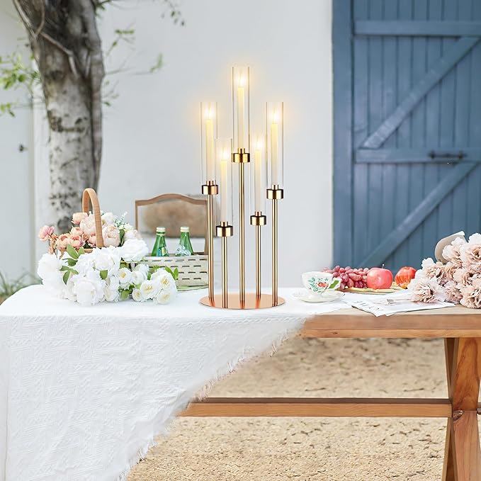 5 Arm Gold Candelabra Centerpieces for Table 4 Set Floor Candelabras Metal Candlestick for LED Candle 26'' Tall Candle Holders with Acrylic Lampshade for Wedding Party Fireplace