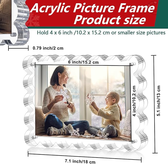 3 Pack Acrylic Picture Frame - 4x6 Magnetic Picture Frames, Double Sided Magnet Frames,10+10mm Thick Block, Clear Frameless Photo Scalloped Freestanding for Desktop Display