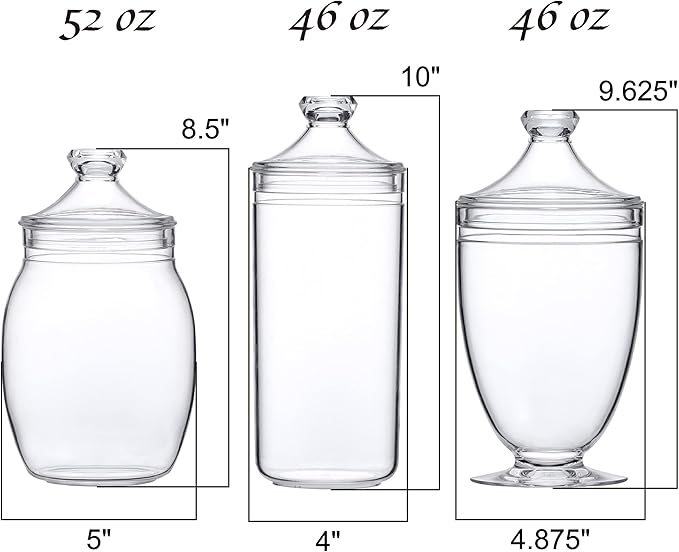 Amazing Abby - Adore - Plastic Apothecary Jars (3-Piece Set, 52/46/46 oz), Acrylic Jars with Lids, Bathroom Canisters, Candy Buffet, Wedding Display, BPA-Free and Shatter-Proof (NOT Glass)