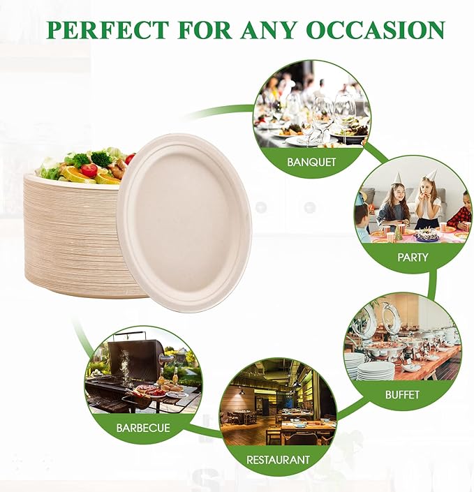 Vplus 100% Compostable Oval Paper Plates 10 inch 125 Pack Super Strong Disposable Paper Plates Bagasse Natural Biodegradable Eco-Friendly Sugarcane for BBQ, Party, Gathering, and Picnic