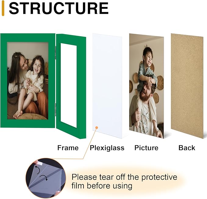 decorUhome Double 5x7 Picture Frame Vertical, Engineered Wood Bifold Photo Frame with Plexiglass for Tabletop Display, 5x7, Green
