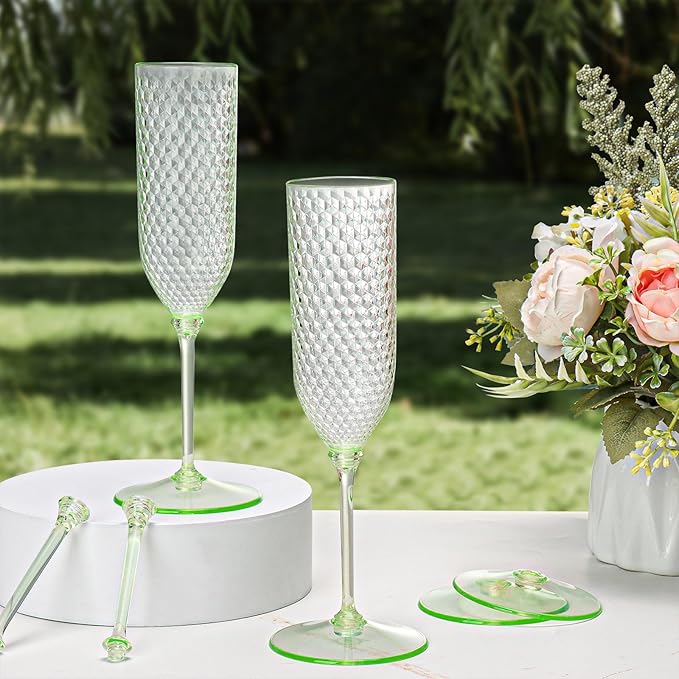 XUWAIDSGN 48 Pack Green Detachable 2 piece Champagne Flutes 5.5 Oz Unbreakable Plastic Mimosa Disposable Champagne Glasses Drinking Cups Stemmed Reusable Wine Toasting Glasses for Wedding