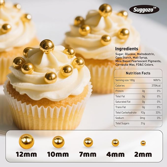Gold Pearl Sprinkles, Edible Sugar Pearl, Bright Sprinkles 180g/6.35oz, Gold Pearls for Cake Decorating, Edible Cake Decorations, Cupake Toppers, Wedding Party Supplies
