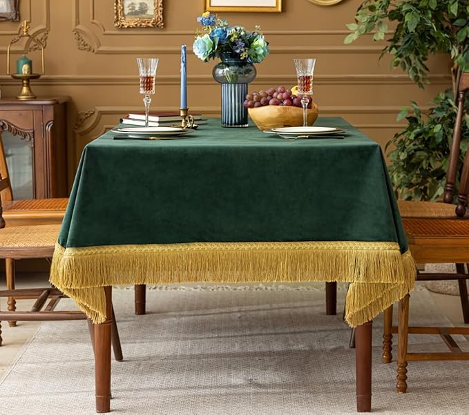 F-CHU Luxury Green Tablecloth Thickset Velvet Tablecloth with Beautiful Gold Tassels Table Cloth for Home Decor Wedding, Party, Banquet and Events 60x102-Inch
