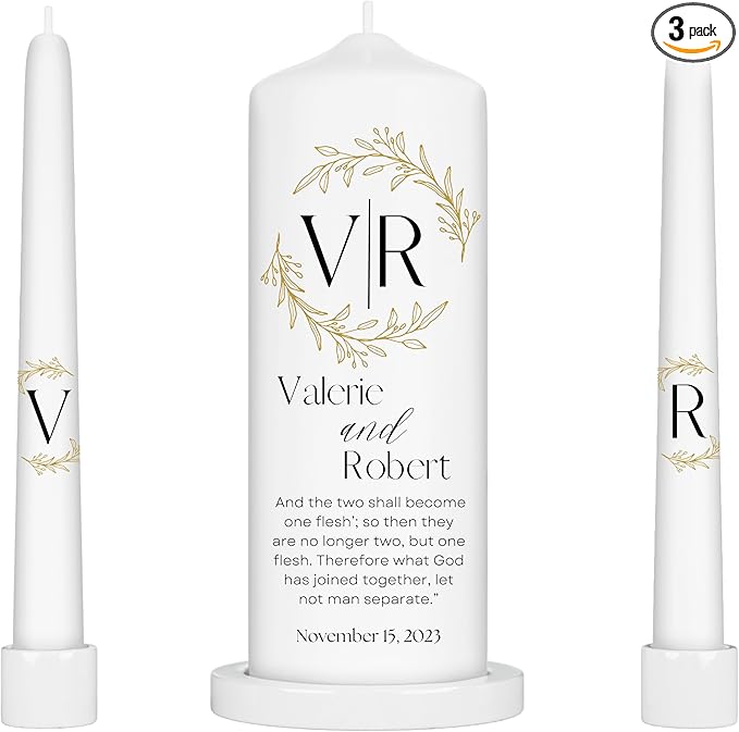 Unity Candles for Wedding, Modern Unity Set, Custom and Personalized Pillar and Taper Candles with Bible Quote, Unscented White Premium Wax, Religious and Wedding Ceremony, Special Events (Laurel)