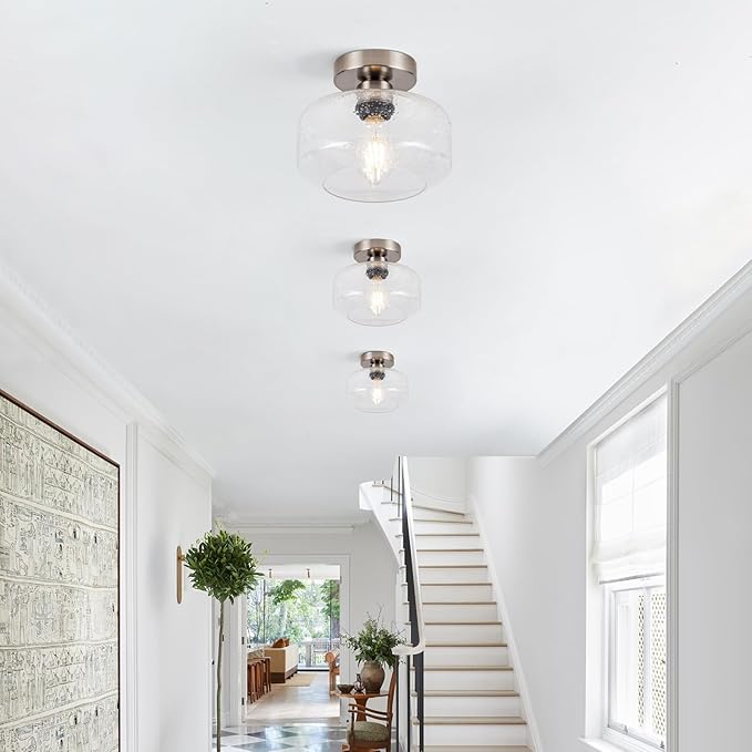 Semi Flush Mount Ceiling Light, Vintage Style - Clear Seeded Glass & Brushed Nickel with 900 Lumens LED Bulb Included, Suitable for Kitchen, Bathroom, Hallway, Bedroom, Entryway