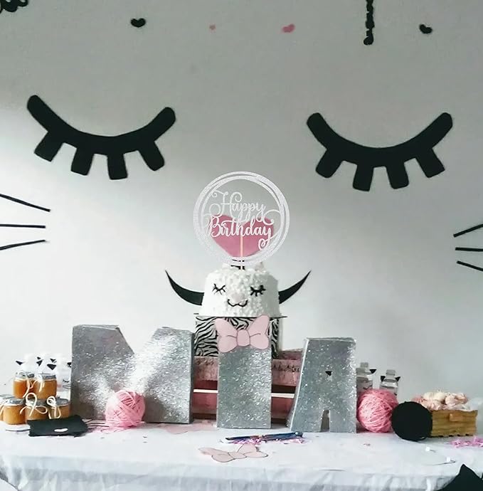 Happy Birthday Cake Topper - Silver Glitter Happy Birthday Cake Decoration Supplies for Children or Adults - Happy Birthday Cake Bunting Decor, Photo Booth Props