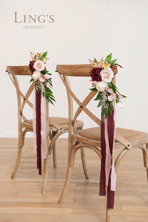 Ling's Moment 8pcs Aisle Pew Artificial Flowers Arrangements for Wedding Ceremony Chair Back Floral Decorations with Chiffon Ribbon Marsala Blush Pink Reception Church Rose Faux Hanging Party Outdoor