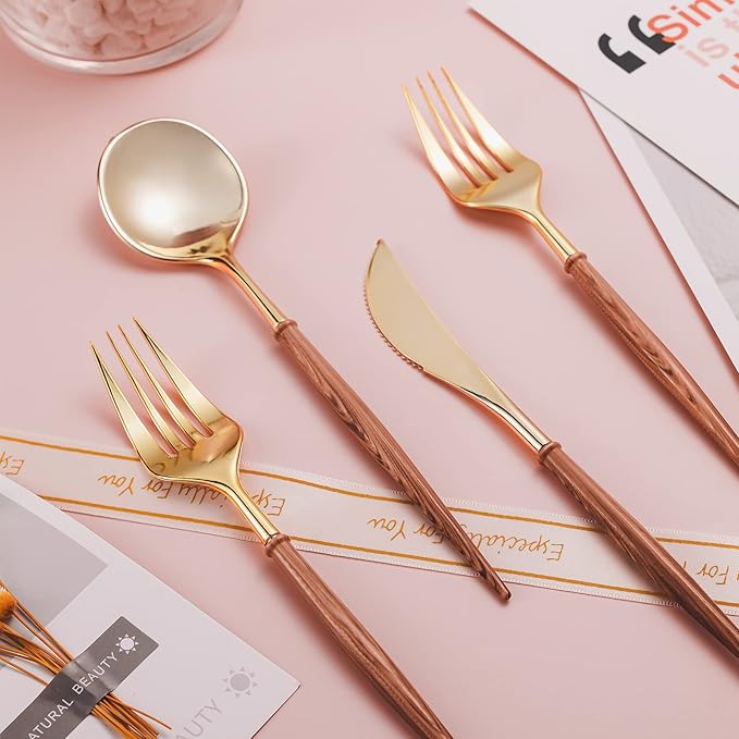 Lullaby 120PCS Gold Plastic Silverware, Gold Disposable Cutlery with Wood Grain Handle Include 40 Forks, 40 Spoons, 40 Knives, Elegant Disposable Silverware for Wedding, Party, Gathering, Daily Use