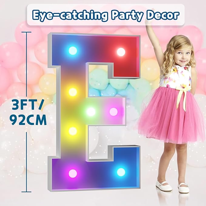 imprsv 3FT Colorful Marquee Light Up Letters E, 18 Colors Large Light up Letters Alphabet Sign with Remote, Big Marry Me Sign, Birthday Party Decorations Baby Shower Anniversary Wedding Decoration