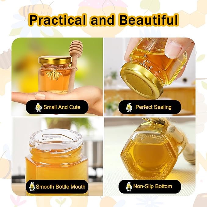 Aliggbent 48 Pack Mini Honey Jars Party Favors in Bulk, 1.5 oz Small Hexagon Glass Honey Jars with Dippers, Gold Lids, Bee Charms, Gift Bags and Jute - Great for Baby Showers, Weddings & Birthdays