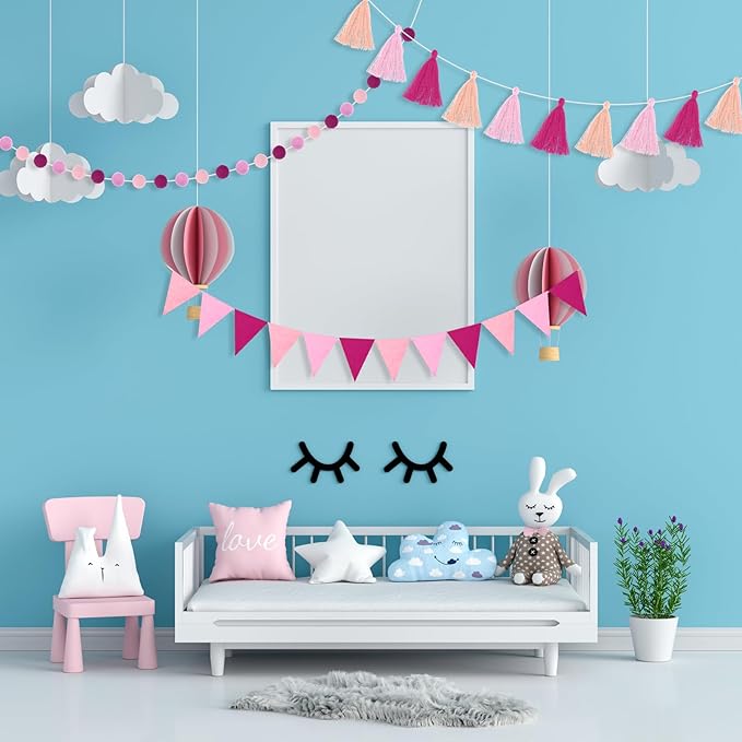 Irenare 9.8 ft Pom Pom Garland Felt Colorful Tassel Banner Christmas Party Pompoms Garland Decorations Felt Pennant Banner for Classroom Home Mantel Fireplace Birthday(Pink)