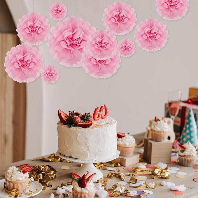 Tissue Paper Pom Poms, Pink Tissue Paper Flowers, Hanging Flower Balls for Weddings Fiesta Parties Birthday Baby Showers Classroom Bridal Shower Decoration (20Piece Set-6/10/12/14Inch)