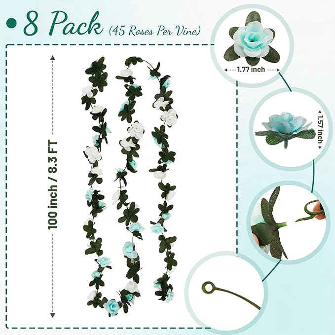8 Pcs 65.6 Ft Flower Garland Rose Vines, Rose Garland for Decoration, Flower Vine for Room Table Birthday Wedding Party Garden Wall Decor