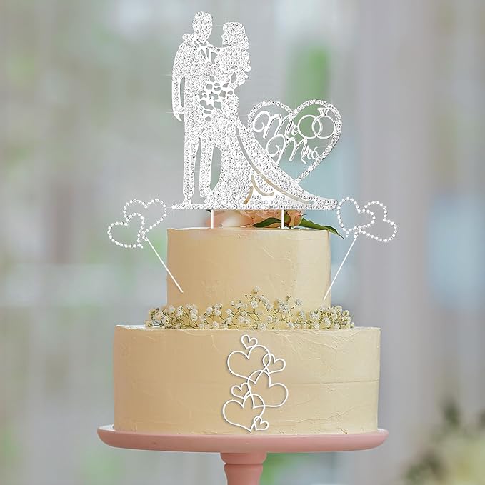 Spiareal 4 Pcs Wedding Cake Topper Mr and Mrs Rhinestone Bride and Groom Love Cake Topper Metal Crystal Heart Shaped Happy Engagement Anniversary Funny Diamond Party Decor for Bridal Shower(Silver)