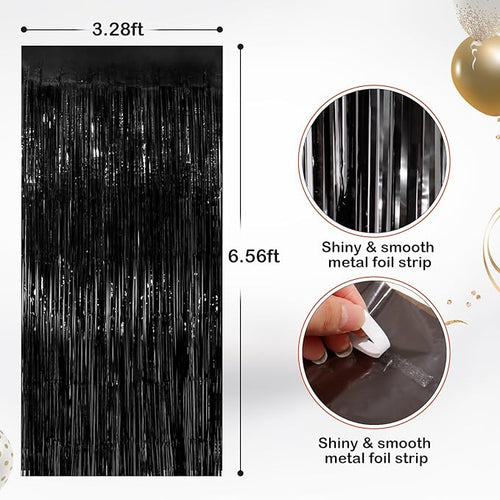 2 Pack Black Metallic Tinsel Foil Fringe Curtains, Door Streamers Photo Booth Backdrop for Birthday Party, Tinsel Curtain Backdrop for Baby Shower Bachelorette Christmas Party Decorations