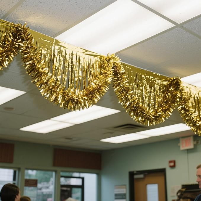 6 Pack Gold Total 60 Feet Foil Fringe Garland Metallic Tinsel Banner Wall Hanging Drapes Parade Float Skirting Decorations for Trailer Mardi Gras Party Birthday Wedding (Gold)