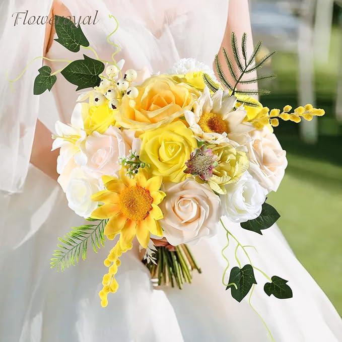 Floweroyal Artificial Flowers Combo Yellow Flowers Mix Silk Flowers Fake Roses with Stems for DIY Wedding Bridal Bouquets, Baby Shower, Floral Arrangement, Table Centerpieces, Home Decorations