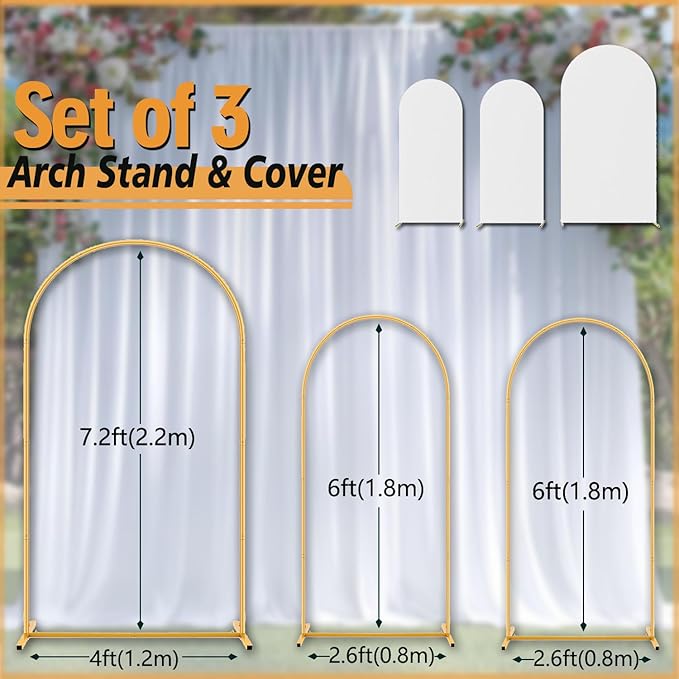 Arch Backdrop Stand Set with Cover,(7.2ft,6ft x 2) Arched Frame Stand & Spandex Wedding Arch Cover & Storage Bag (White, 7.2Ft+6Ft+6Ft)