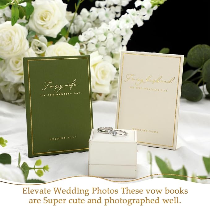 Engrowtic 2 Pcs Wedding Vow Books His and Her to Husband Wife Wedding Must Have Registry Ideas Gold Foil Lined Page Premium Engagement Gift for Guest Groom Newly Engaged Couple(Green-white)