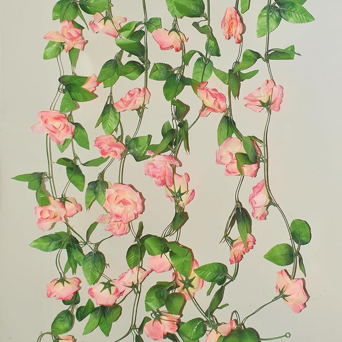 Musdoney 4Pcs 32.2 FT Fake Rose Vine Flowers Plants Artificial Flower Garland Hanging Rose Ivy Home Hotel Office Wedding Party Garden Craft Art Decor (Pink)