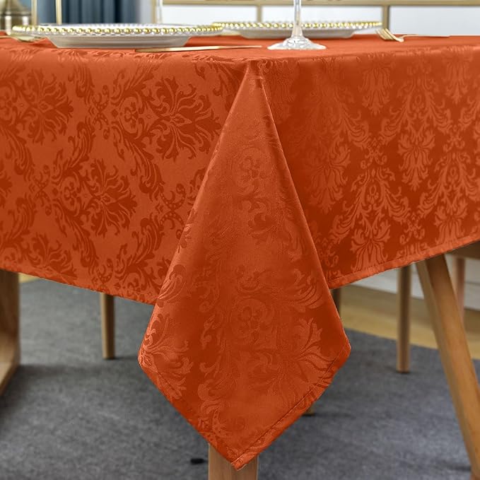 Jacquard Tablecloth Rectangle 60 x 84 Inch, Spill Proof Anti-Shrink Damask Autumn Table Cloth, Durable Polyester Table Cover for Fall, Harvest, Thanksgiving, Holiday, Rusty/Orange