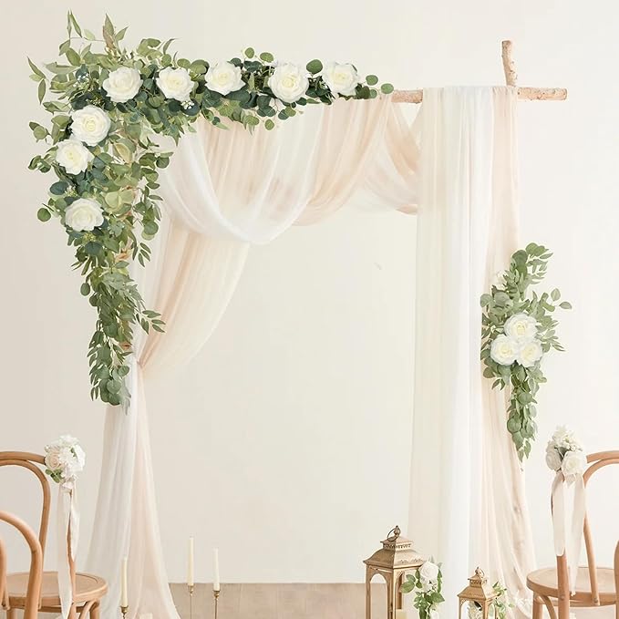 MACTING 2 Pack 13.2FT Flower Garland with 24 White Roses - Spring Gypsophila Eucalyptus Garlands Artificial Floral Greenery Vines for Arch Table Centerpieces Backdrop Party Home Wedding Decorations