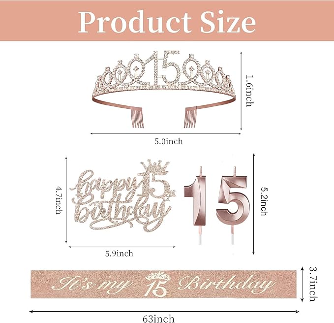 15th Birthday Decorations for Girls, Including Sash, Crown/Tiara, Candles, Cake Toppers. 15th Birthday Gifts for Girls
