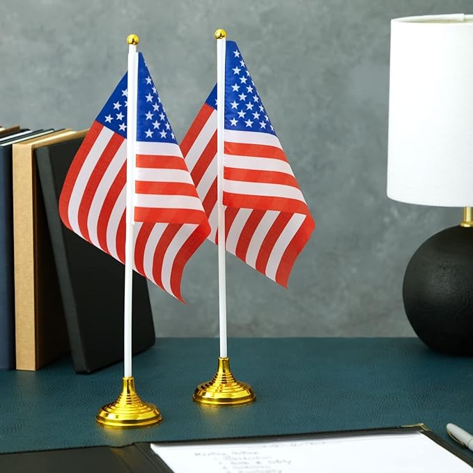 Juvale Mini American Flag Decor Set - 12-Pack 8 x 5.5in Flags on 12in Poles with Gold Base - Patriotic Table Decorations & Party Supplies for Desk & Office