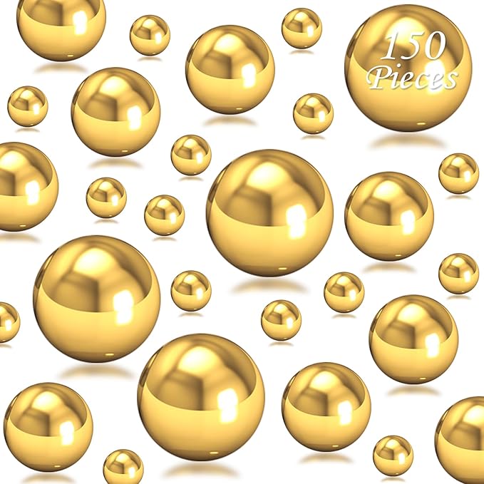 150Pcs Brightgold Polished No Hole Faux Pearl Beads for Vase Filling Decorations, Plastic Pearls Vase Fillers, Table Scatters, Wedding Centerpiece, Home Decor, 8/14/20 mm