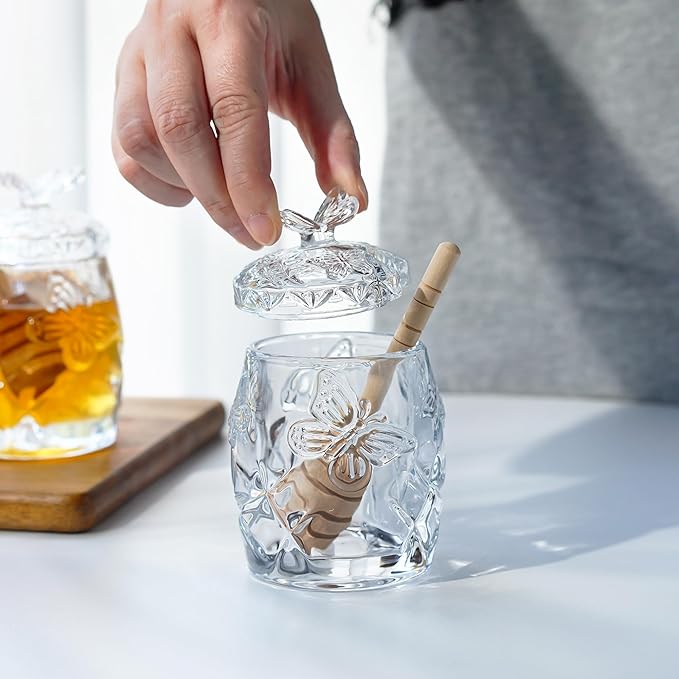 kanpura Clear Crystal Honey Jar with Dipper and Lid, Honey Bee Pot, 4.5oz Glass Honey Pot for Home Kitchen