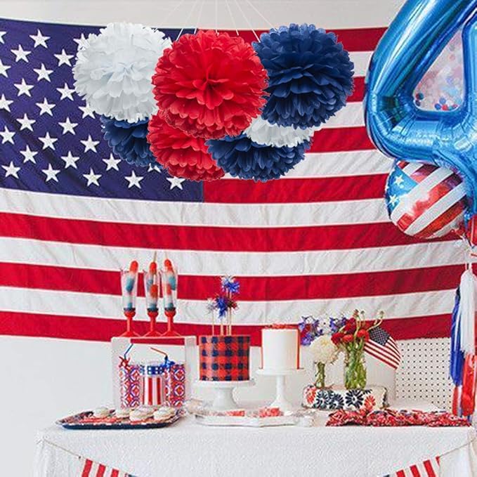 Paper Flower Tissue Pom Poms Party Supplies (red,royal blue,white,12pc)