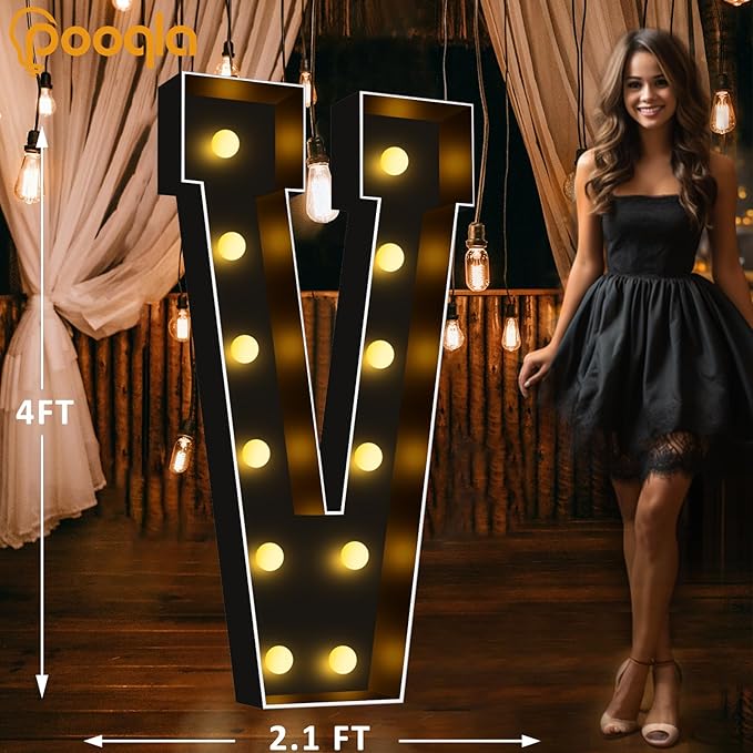 Pooqla 4 FT Marquee Light Up Letters, Black Marquee Letter Lights 4 Feet Tall for Birthday Decoration, Big Mosaic Letters Sign for Balloons Party Anniversary Wedding Decorations, Giant Warm White V