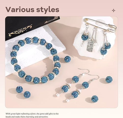160pcs 10mm Rhinestone Beads for Jewelry Making, Blue Zircon Shiny Round Disco Ball Beads Bulk, Sparkle Crystal Clay Christmas for Bracelet Baseball Necklace Earring Crafting and DIY