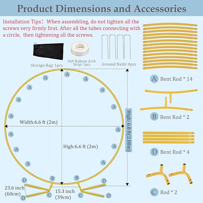 6.6FT Round Balloon Arch Stand Kit,Metal Circle Arch Backdrop Stand for Parties, Gold Wedding Arches Frame with Base for Ceremony Anniversary Birthday Baby Shower Gender Reveal Party Decoration