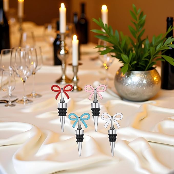 Cute Bow Wine Stopper Set of 4, Decorative Removable Metal Wine Bottle Stopper, Reusable Vacuum Bottle Corks with Silicone for Women, Gift, Christmas, Holiday Party - Silver