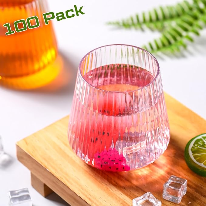 Suclain 100 Pack Plastic Wine Glasses Ribbed Stemless Wine Glasses 14oz Vertical Design Unbreakable Cups for Outdoor Indoor Vintage Elegant Champagne Whiskey Glasses for Christmas Party Wedding
