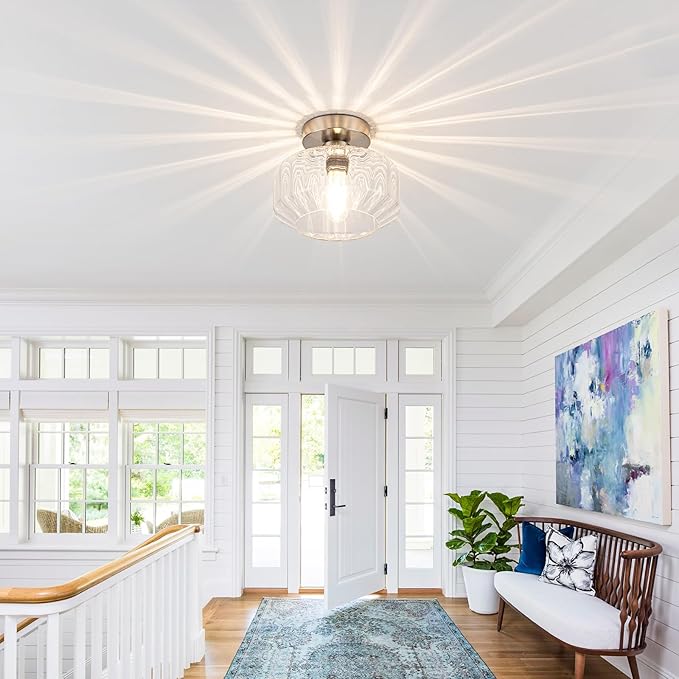 Brushed Nickel Semi Flush Mount Ceiling Light Fixture with Textured Glass & Included 1200 Lumens LED Bulbs, Modern Hallway & Bathroom Light for Entryway, Kitchen, Laundry Room