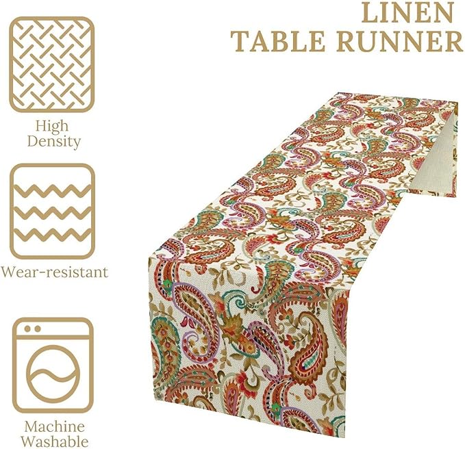 Colorful Paisley Table Runner, Boho Vintage Pink Red Teal Floral Leaves Print Table Runner for Home Kitchen Dining Table Holiday Party Decor, 13x60inch