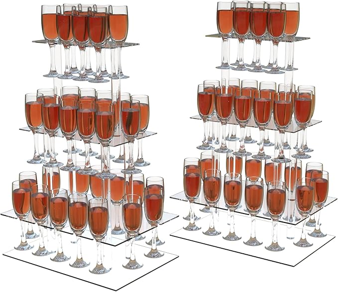 Champagne Tower, Rectangle Acrylic Champagne Display Rack Stand with 32 Slots, 3 Tier Floating Sight Champagne Flute Holder for Party, Wedding, School, Celebration, 17.3x11.8x25.5inch, 2 Pcs