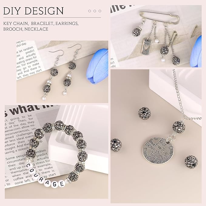 150 pcs 10mm Rhinestone Beads for Jewelry Making, Hematite Shiny Round Shamballa Disco Beads Bulk, Sparkle Crystal Clay Christmas for Bracelet Baseball Necklace Earring Crafting and DIY