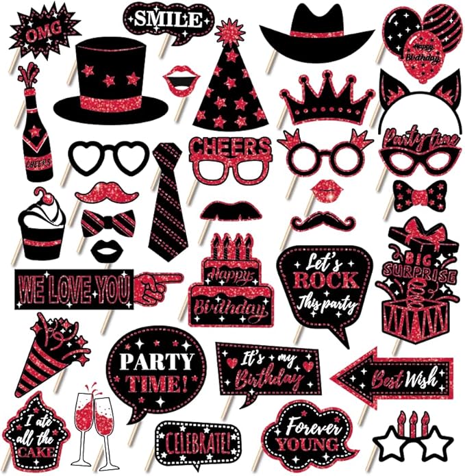 36 PCS Birthday Photo Booth Props Party Supplies Holiday Picture Decorations Photo Booth Props for Birthday Party Favors Pose Sign Kit Fun for Party (Red)