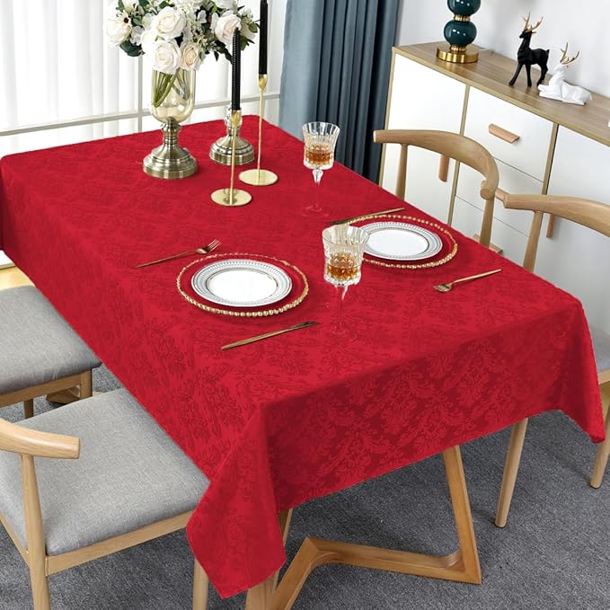 SASTYBALE Rectangle Jacquard Tablecloth, Damask Table Cloth SpillProof Wrinkle Resistant Tablecloths, Soft Polyester Oblong Table Cover for Kitchen, Dinner, Parties (Red, 60X84)