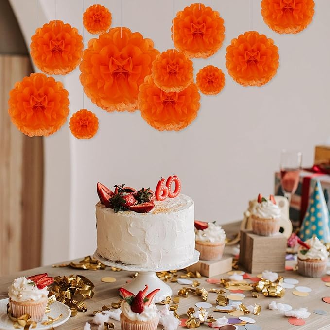 Tissue Paper Pom Poms, Orange Tissue Paper Flowers, Hanging Flower Balls for Weddings Fiesta Parties Birthday Baby Showers Classroom Bridal Shower Decoration (20Piece Set-6/10/12/14Inch)